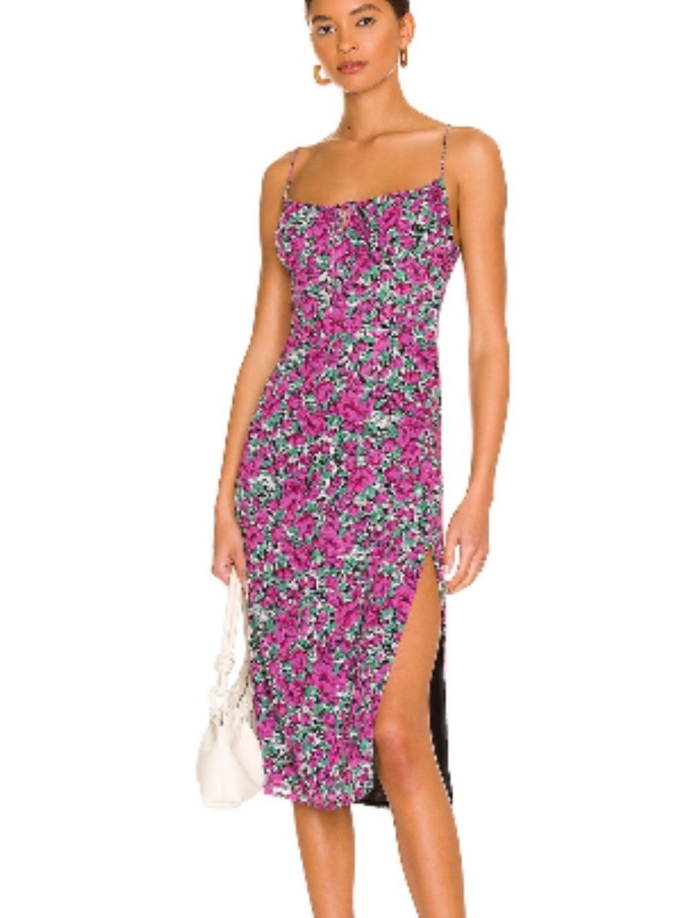 Floral Midi Slip Dress in Pink with Side Slit